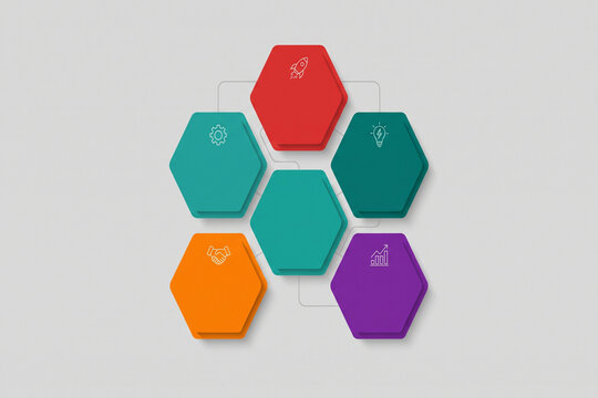 Colorful hexagonal infographic elements arranged in a circular pattern with subtle shadows