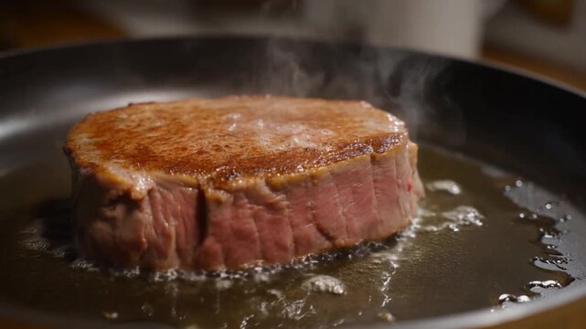 Static close up tilt shot of filet mignon searing and browning in skillet on stovetop in kitchen interior