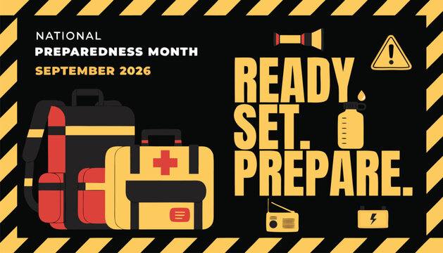National preparedness month banner featuring emergency supplies and safety alert icons