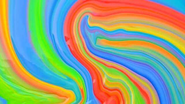 Slow motion macro tracking shot of colorful paint swirl mixing and flowing across flat surface in studio with vivid liquid patterns