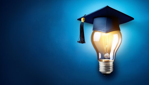 luminous light bulb with graduation cap on deep blue background highlighting education and innovation