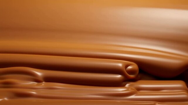 Slow motion close up of melted milk chocolate folding and flowing over smooth surface in studio lighting