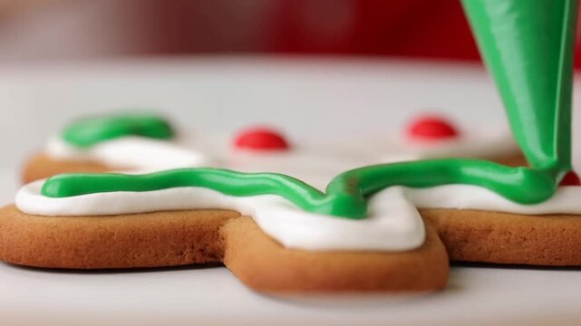 Tracking shot close up of pastry bag piping green icing onto gingerbread cookie on white plate in kitchen