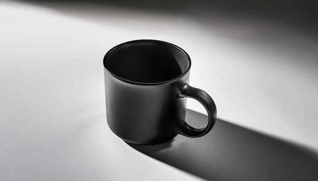black matte mug casting long angled shadow on white minimal background for dramatic product mockup and modern banner design