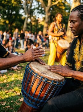 African Men Playing Djembe Drums at Outdoor Community Gathering in a Park During Golden Hour