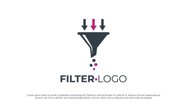 Minimalist vector funnel logo design featuring descending arrows and circular particles in dark gray pink colors