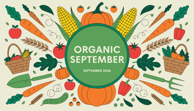 Organic september harvest poster featuring hand drawn vegetables and autumn crops