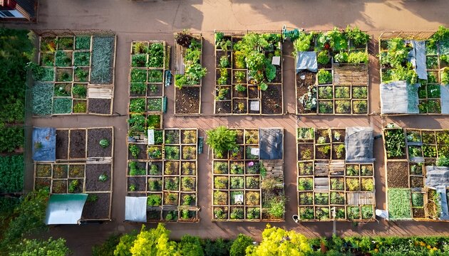 aerial view of community vegetable plots in an urban garden