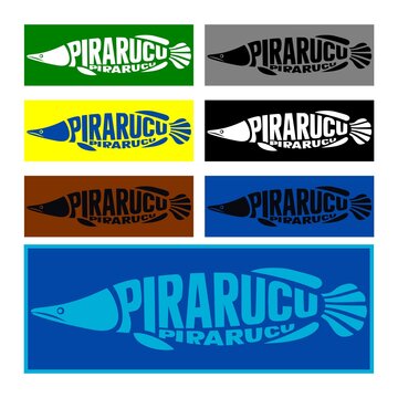 Set of pirarucu fish logos. Colorful vector silhouettes of Amazonian arapaima with typography on rectangular backgrounds