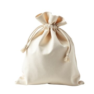 A white bag with a drawstring at the top, ready for use