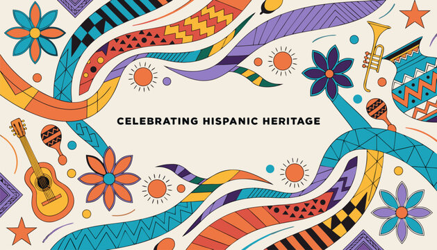 Colorful festive illustration honoring national hispanic heritage month with vibrant symbols