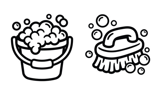Bucket with soapy water and cleaning scrub brush icons in black and white line art style for household chores and hygiene
