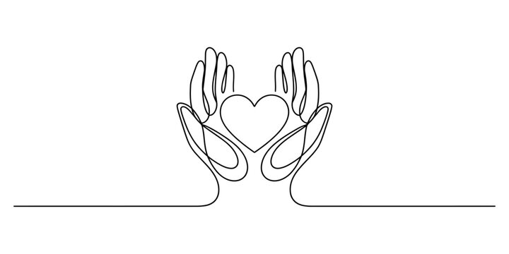 Continuous single line drawing of two human hands holding a heart shape