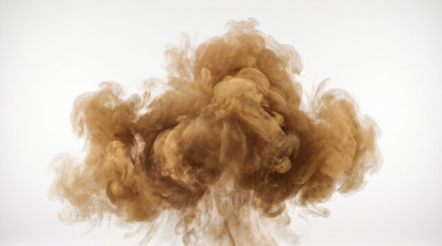 Billowing brown dust cloud captured against a plain white studio background