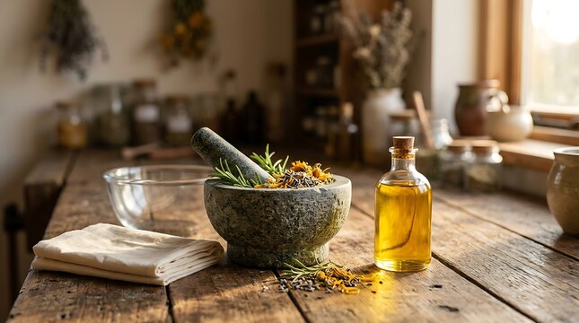 A wooden table featuring botanical oil blends alongside a mortar and pestle with fresh herbs