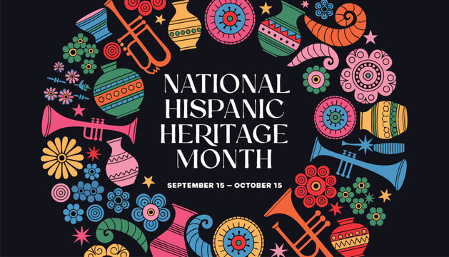 National Hispanic Heritage Month colorful festive wreath with cultural art icons