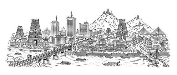 Fototapeta premium Indian Cityscape with Temples and Bridges in Line Art
