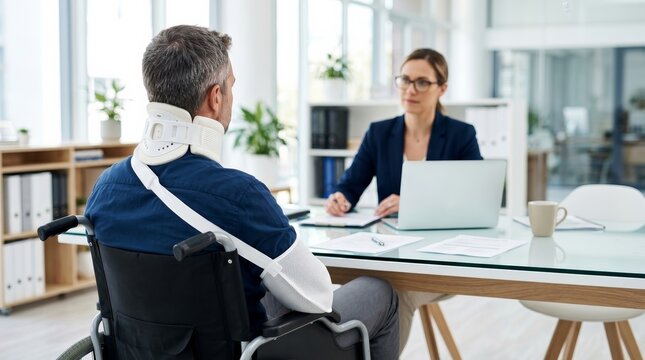 A man in a neck brace and wheelchair discusses litigation and compensation.