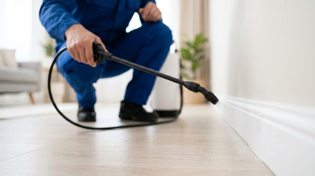 Professional pest control exterminator man spraying pesticide along a baseboard.