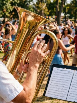 Musician Playing Euphonium at Outdoor Summer Festival with People Dancing in the Background
