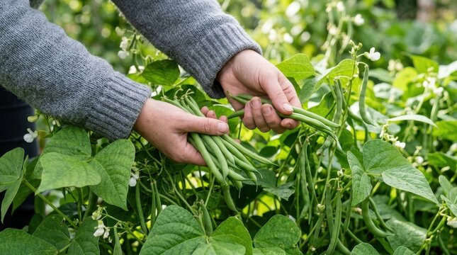 Hands harvesting fresh organic green beans from a garden plant. Sustainable farming and healthy lifestyle concept.