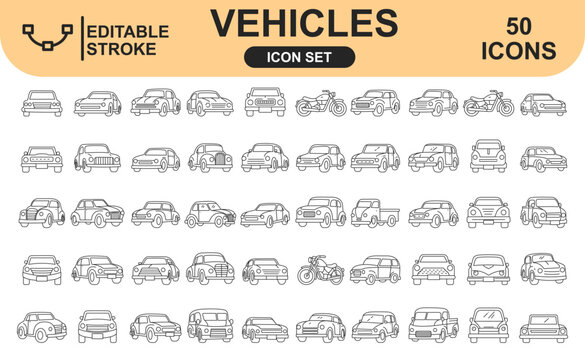 Editable Stroke Vehicles Vector Icon Set Line Art Transportation Cars Automobiles Pickup Trucks Motorcycles Collection