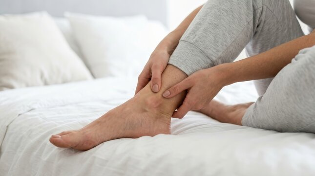 A woman feeling intense Achilles heel pain while sitting on a bed.