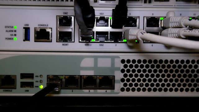 Network Firewall Rack Close-Up Pan Shot Data Center 4K