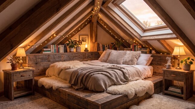 Cozy rustic attic bedroom interior with wooden bed and warm lighting