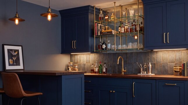 Modern navy blue kitchen with brass accents, wooden countertop, and glass shelving