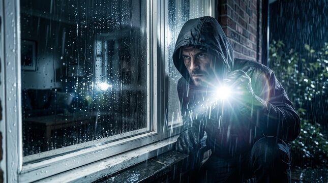 A burglar looking into a house window at night with a flashlight.