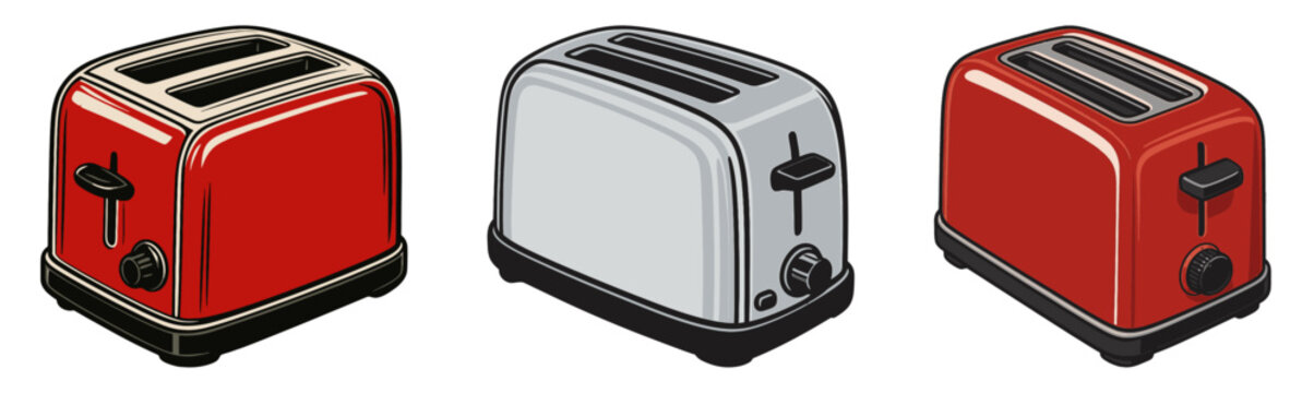 Retro kitchen toaster vector set, classic red and chrome electric toaster icon illustration for breakfast design, kitchen appliance object isolated on white background clipart vector