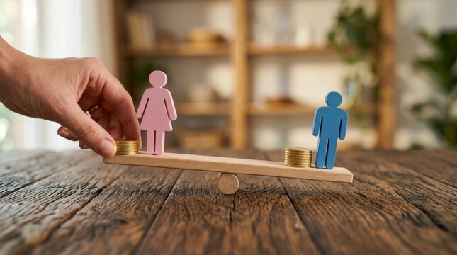 Concept of gender equality and pay balance using a seesaw with pink and blue figures.