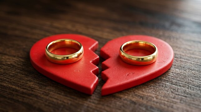Two golden rings placed on a broken red heart shape.