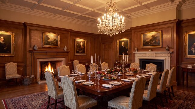 Elegant traditional dining room with wood paneling, fireplace, and formal table setting