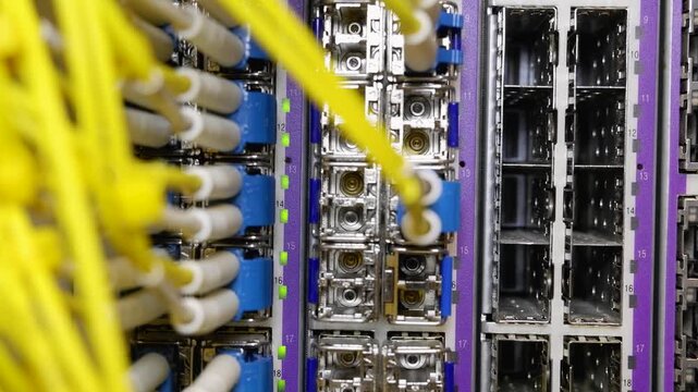 Fiber Optic Cable Data Center Network Switch Close-Up Pan