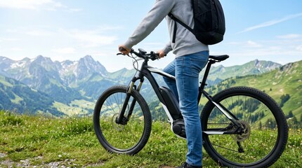 Fototapeta premium A man on his mountain bike enjoying a scenic view of the alpine peaks.