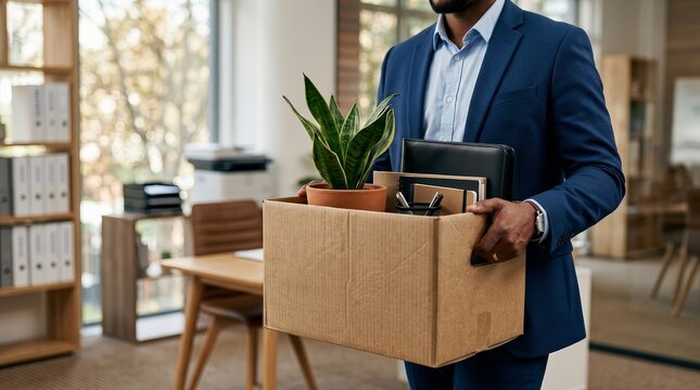 A fired employee holding a cardboard box filled with personal belongings.