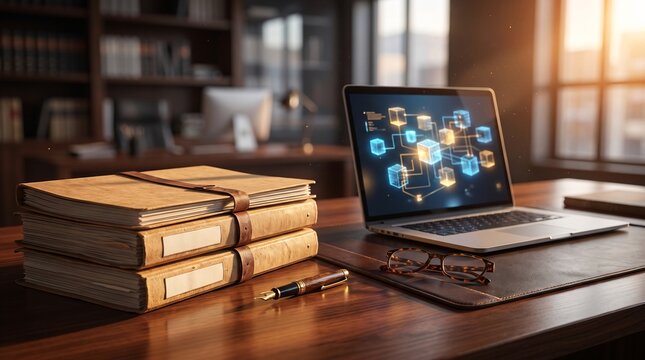 A stack of professional documents with a laptop displaying workflow software on a desk
