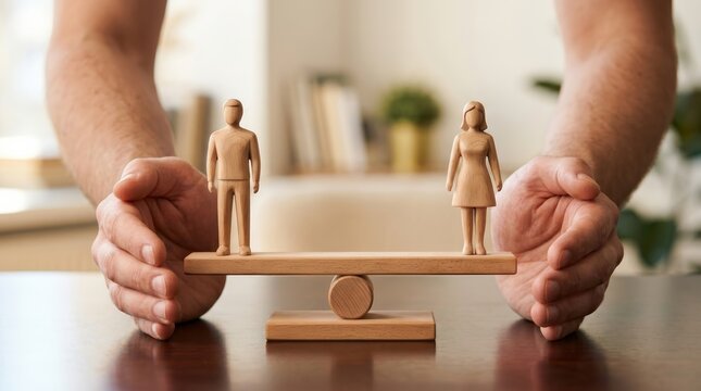 Concept of equal gender balance and parity represented by wooden figures on a scale.