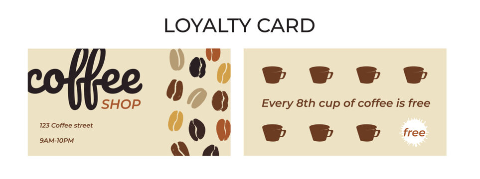 Two-sided coffee shop loyalty card template with beans and cups. Modern flat vector style in warm colors. Perfect for cafe client retention, promotional printing or branding.