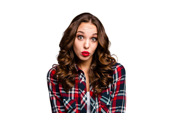 Close up portrait of beautiful she her lady feel guilty incident sharing forbidden information with wrong person people wearing specs checkered plaid shirt clothes isolated grey background