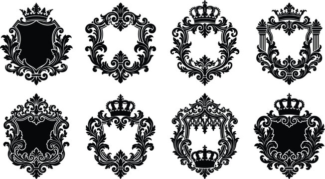 Vintage heraldic crest frame silhouette set featuring ornate luxury royal crowns and baroque borders