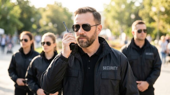Professional security guard team providing event service outdoors.