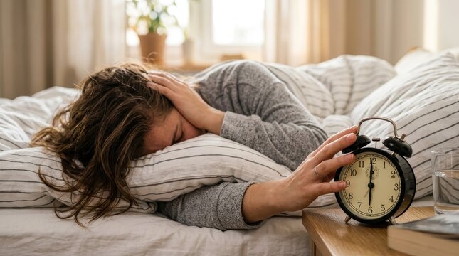 Tired Young Woman Reaching to Turn Off Ringing Alarm Clock in Bed During Early Morning