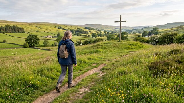 Woman hiker walks on a path towards a wooden cross in a green rolling landscape with sheep and farms