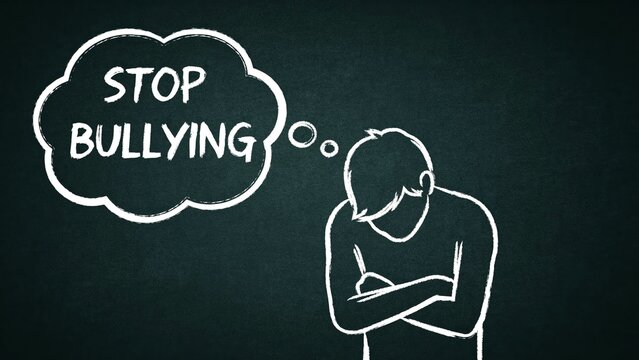 Stop bullying concept with sad boy illustration on chalkboard background