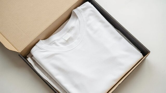 White t-shirt folded inside a cardboard delivery box for e-commerce apparel packaging.