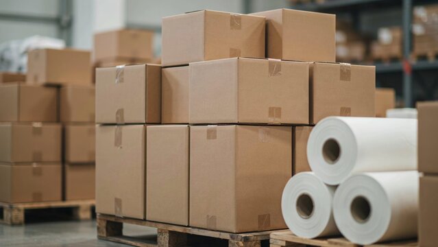 Cardboard boxes and paper rolls stacked on wooden pallets in a warehouse distribution center
