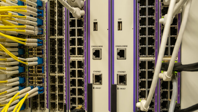 Network Switch Panel with SFP Ports and Fiber Optic Cables
